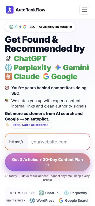 Mobile view of the AutoRankFlow website, a product built and operated by our team